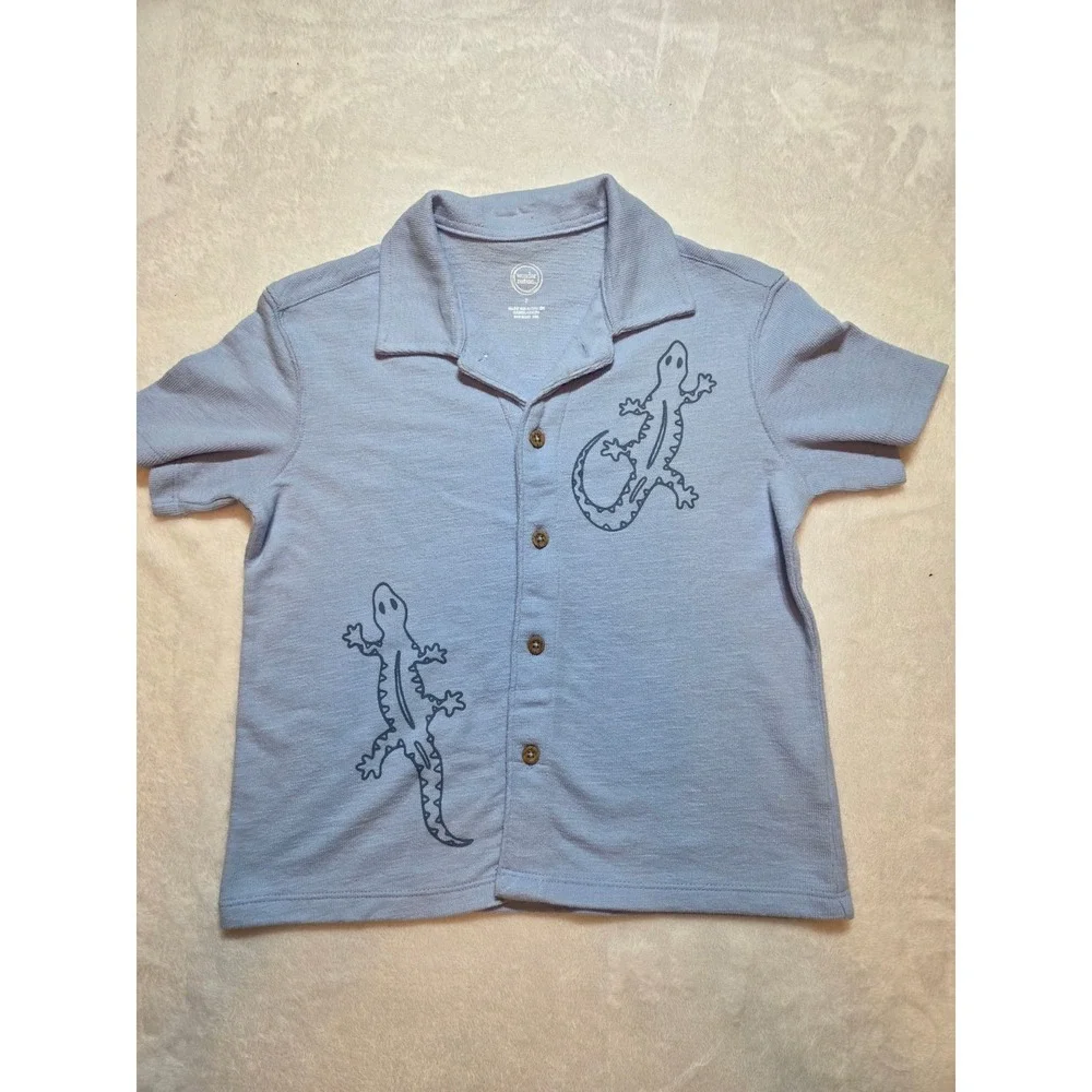 220. Wonder Nation Boys Polo Shirt Blue Lizard Print Size 7 Short Sleeve